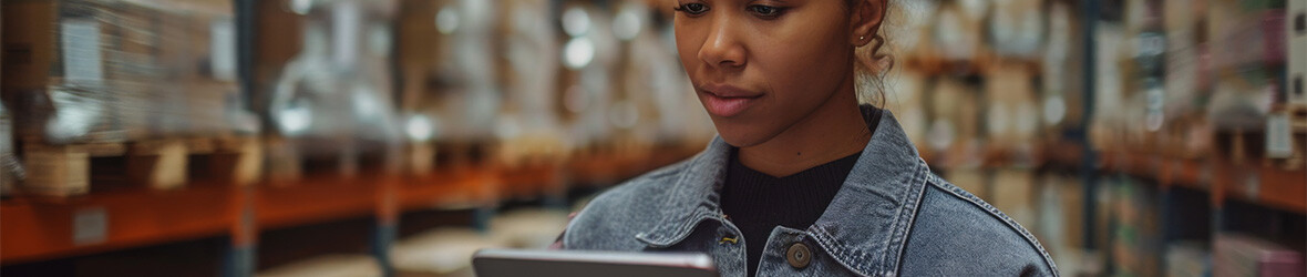 woman looking at tablet in warehouse